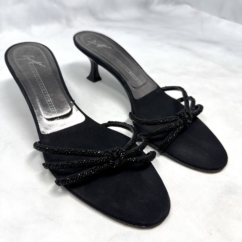 Giuseppe Zanotti Vicini Vintage Y2K Beaded Strappy Kitten Heel Mules Black 7
